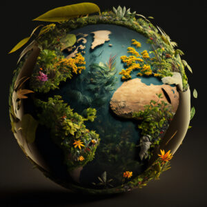 Die Weltkugel mit verschiedenen Zonen und Pflanzen zur Veranschaulichung der Biodiversität